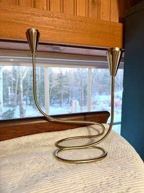 Brass tone Double Candle Holder - Modern Curved Design